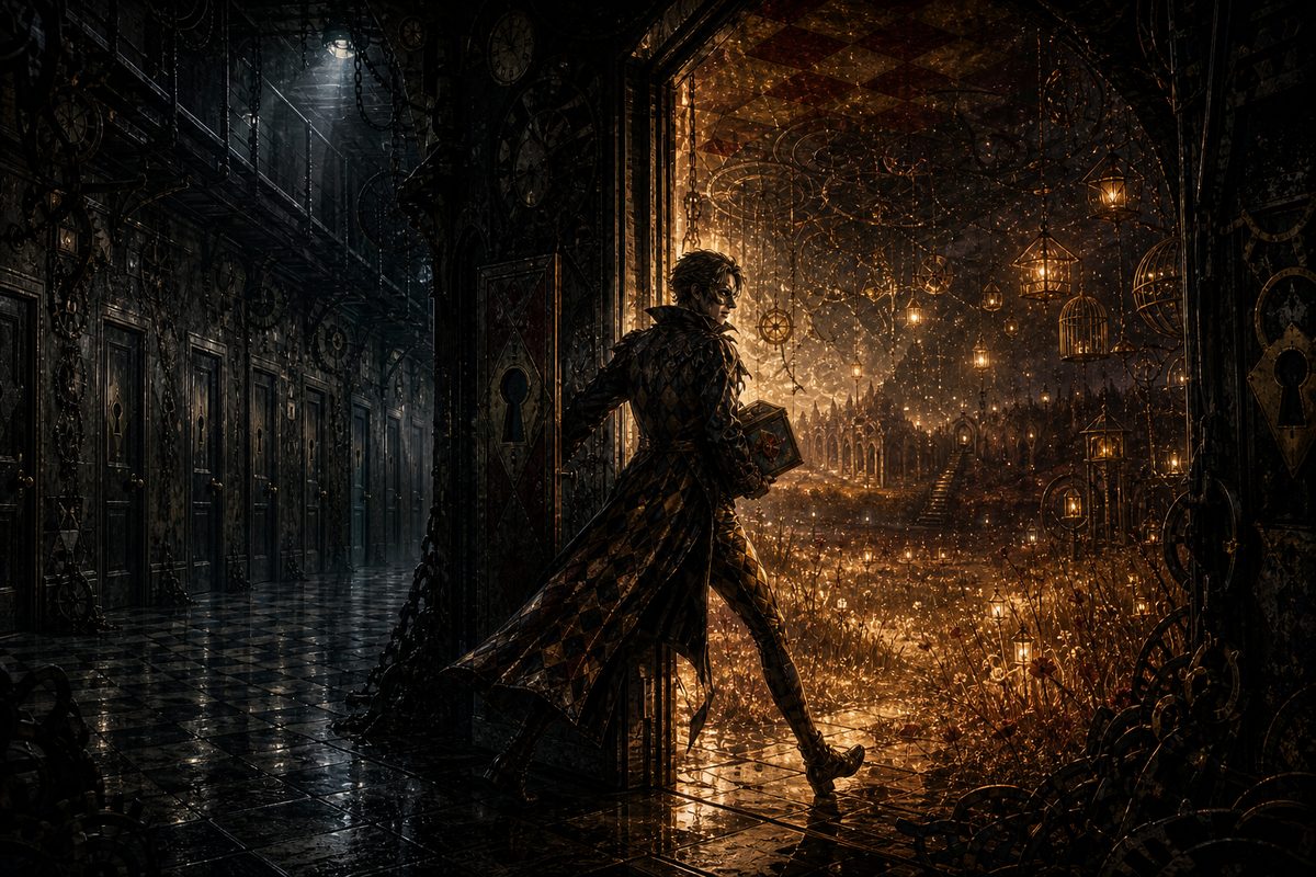 Harlequin diamonds in tea gold and crimson; a masked figure standing exactly in a doorway between two worlds, behind them a grey office corridor of shut doors and in front of them an open field of warm lantern light; one foot in each world, a small box of belongings under one arm; motion and possibi
