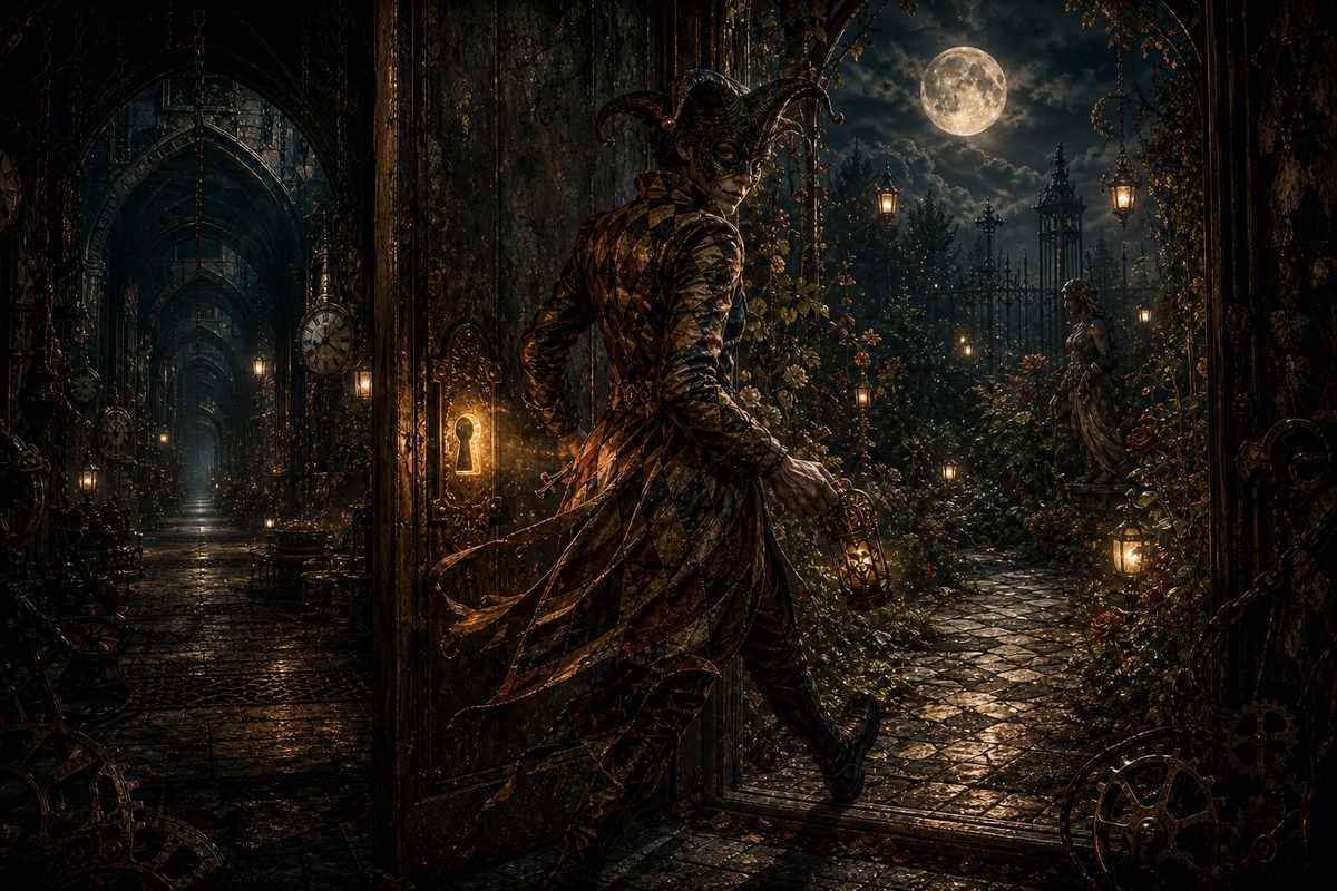 A masked figure in harlequin diamonds of tea gold and crimson caught mid-step through a doorway, half the frame a dark gothic corridor and half a lantern-lit garden at night; warm light spilling from an old keyhole.