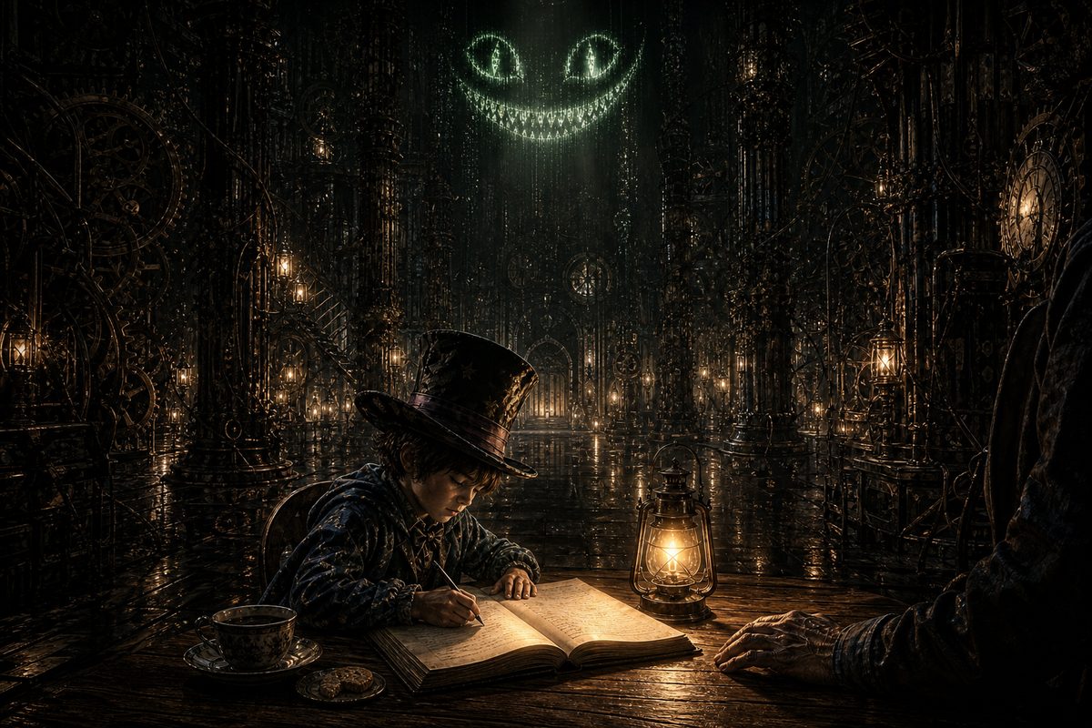 A small boy in an oversized top hat sitting safely at a lamp-lit table in an enormous dark hall, writing carefully in a big open ledger with two columns, the Cheshire's pale green grin glowing softly on the beam above him and a grown hand resting on the table beside his; a teacup and half a biscuit;