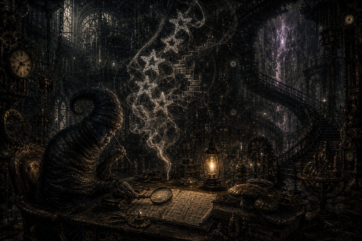 Pale smoke rising from a lamp-lit study table and forming five hollow stars that drift upward and dissolve into steps and equations; below, on the table, a ledger of tiny figures and a magnifier held over one of them; steel grey and sepia with one amber lamp, deep shadow, the smoke the only thing mo
