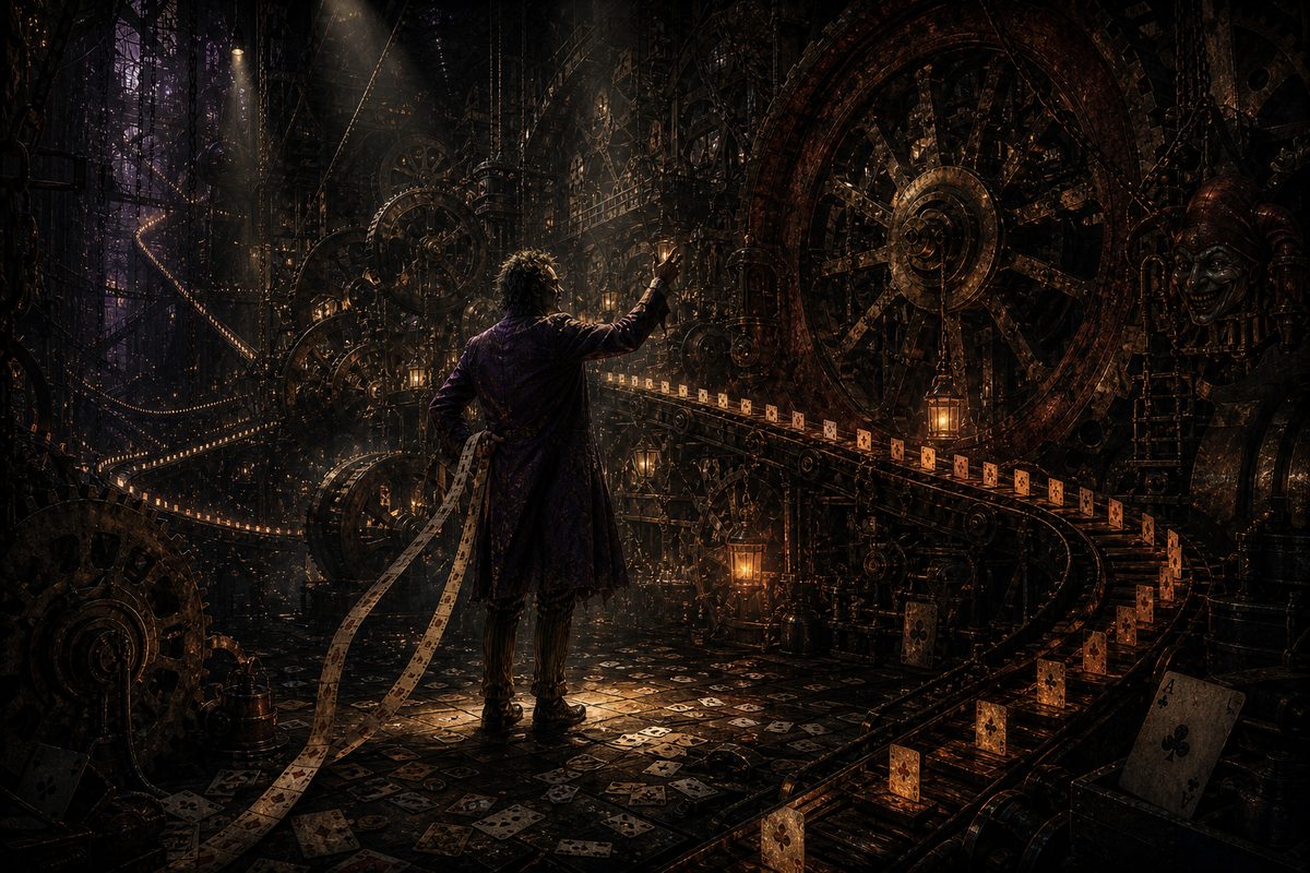 Amber and crimson rust; an enormous machine of gears and conveyor belts carrying an endless line of small glowing cards like tickets; a lone figure in a worn purple coat with an original face, seen from behind in a theatrical spotlight, one hand raised as if naming a gear, the other pulling a long r
