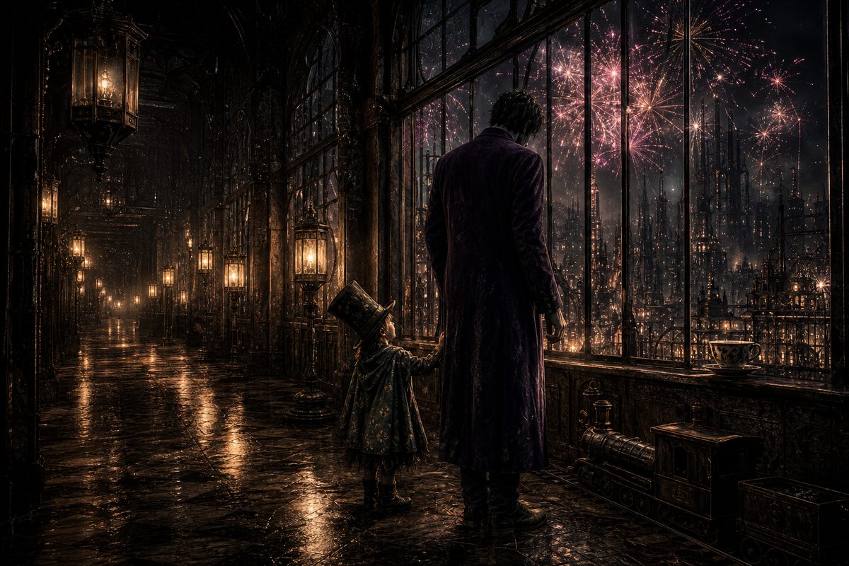 A small boy in an oversized top hat holding the Joker's grown hand in a long corridor of warm lanterns, looking up at a tall window where pink and gold fireworks bloom over a dark city; beside them a toy train on the floor and a teacup on the windowsill; the light around the boy is the warmest thing