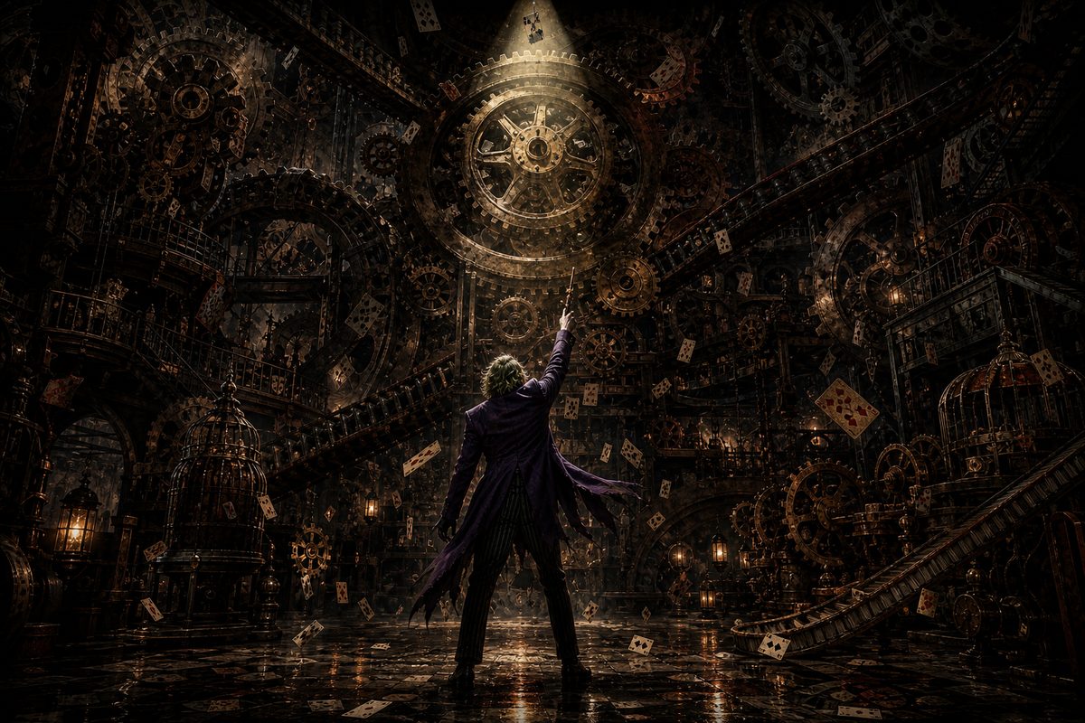 A cathedral-sized machine of rusted gears and conveyor belts in amber light; at its base a lone figure in a worn purple coat, seen from behind, points up at one gear while playing cards drift down through the spotlight.