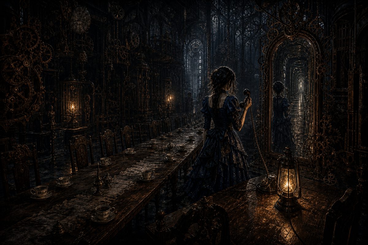 A grown woman in a dark blue dress seen in a tall mirror at the end of the long tea table, an old telephone in her hand and its cord trailing; empty chairs along the table, one amber lantern lit beside her; midnight onyx and warm amber, quiet and tender, no text.