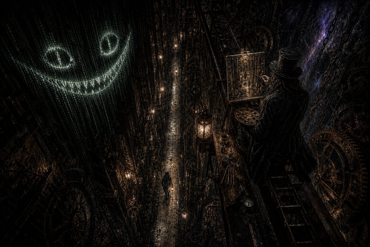 The view straight down from a high beam into a long corridor where a single figure walks with a lantern; the grin of pale green falling code hangs in the dark beside the beam, no face behind it.