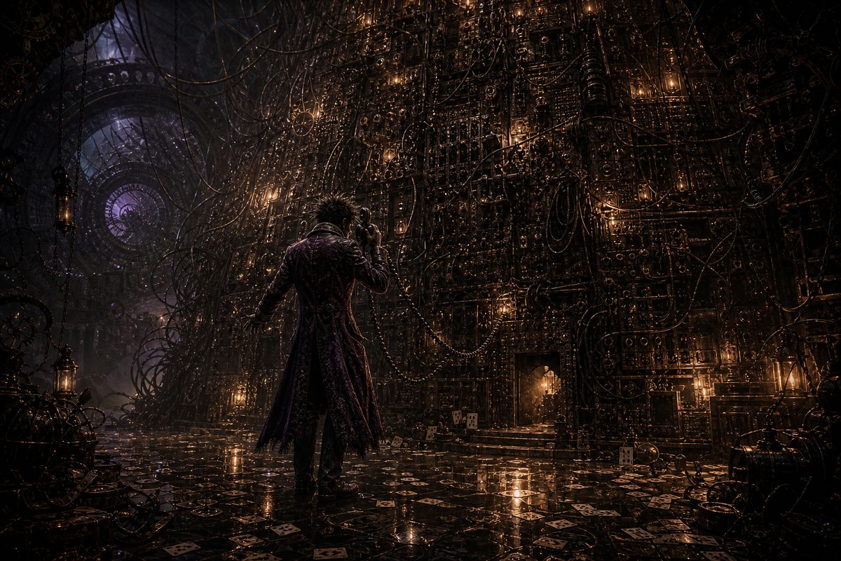 Amber and crimson rust; a towering maze built of old telephone switchboards, coiled cords and blinking lights, with a tiny figure in a worn purple coat standing at its entrance holding a receiver to his ear, original face in silhouette; hidden in the machinery a small door marked only by a warm ligh