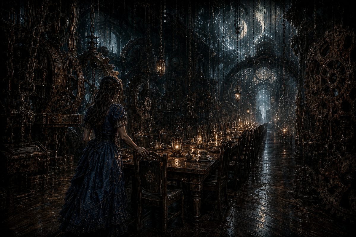 A grown woman in a dark blue dress pulling out a chair at the long tea table for someone we can't see yet, lantern light on the cups, the rest of the enormous room dark and patient.