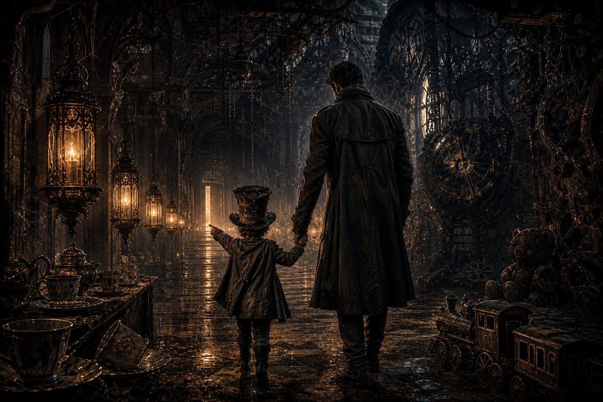 A small boy in an oversized top hat holding a grown man's hand in a long corridor of warm lanterns, both seen from behind, the boy pointing ahead at a door that's slightly open; teacups on a ledge, a toy train on the floor, the warmest light in the frame around the two of them.