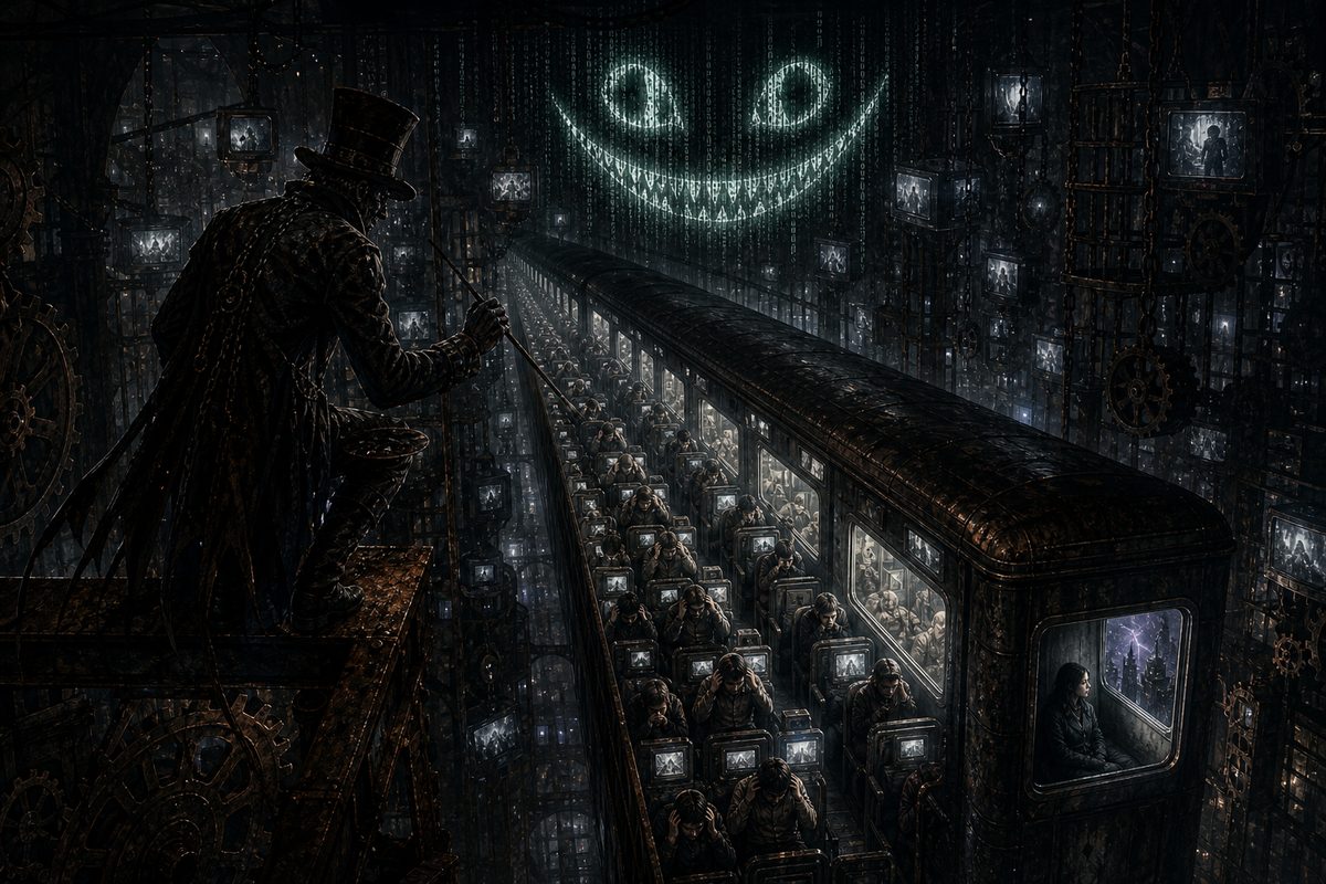 From the beam, a long train carriage seen from above in cool white light, rows of tiny passengers with their ears covered, screens glowing on every surface around them; one seat by the window in deep shadow where a single small figure sits with nothing in their hands, looking out; the pale green gri
