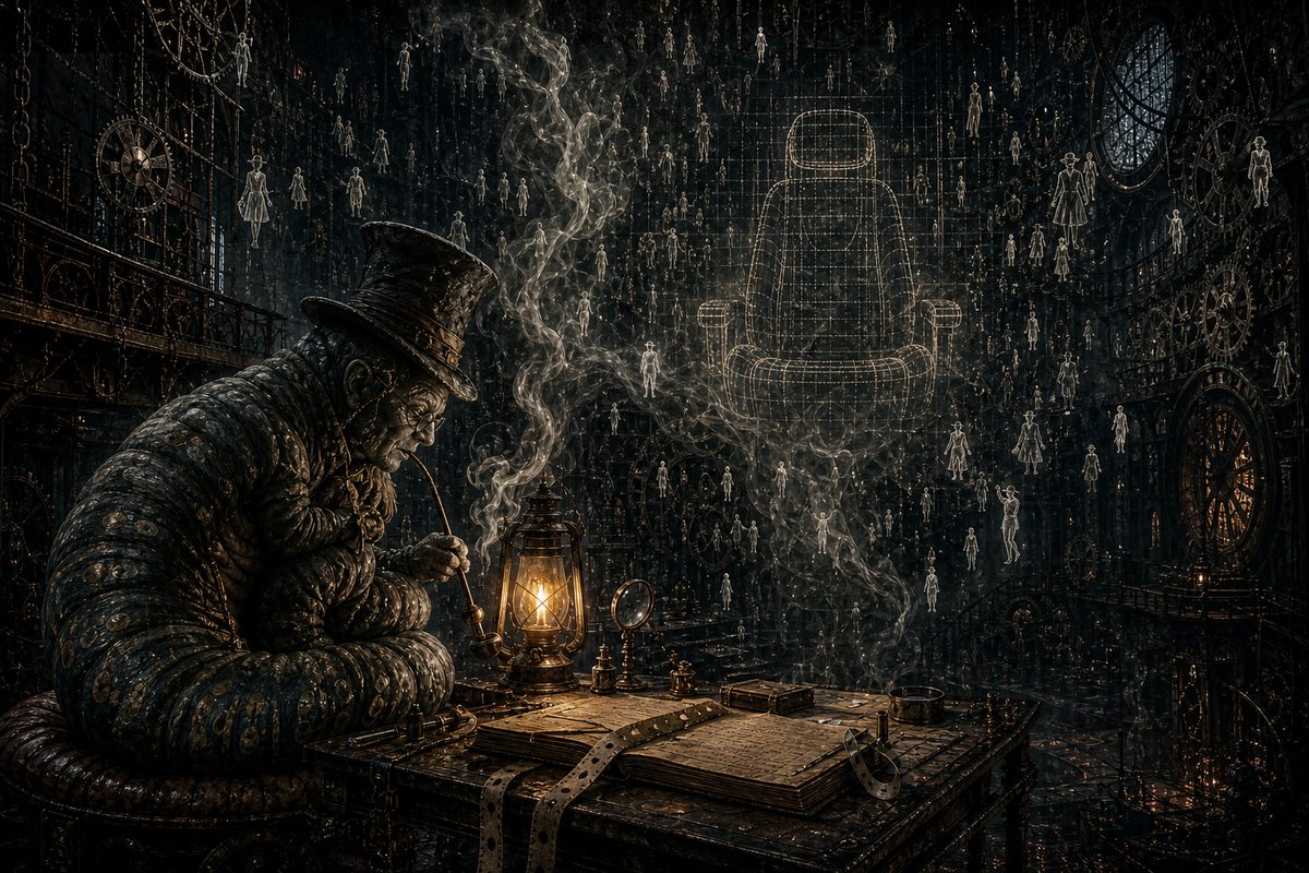Pale smoke rising from a lamp-lit table and resolving into the faint outline of an empty pilot's seat made of measurement lines and numbers, a thousand small differing silhouettes drifting around it, none of them fitting; on the table a ledger, a tape measure and a magnifier; steel grey and sepia wi