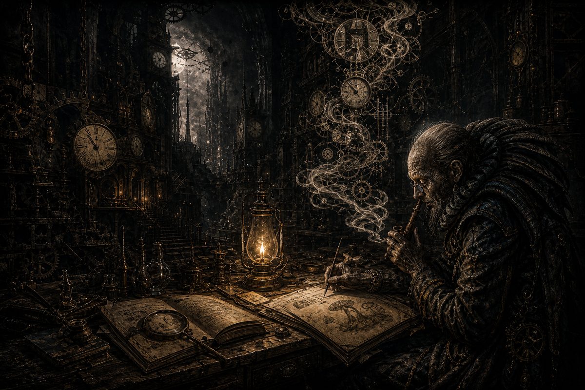 Pale smoke curling up from a lamp-lit table in deep shadow, rising and turning into a long column of clock faces, tally marks and hour diagrams; on the table an open ledger, a magnifier and a mushroom-cap study, a single amber lamp; steel grey and sepia, patient and exact, the smoke the only thing m