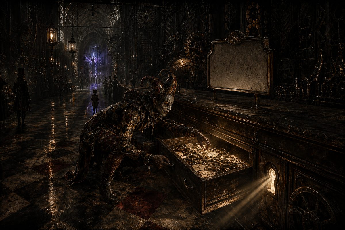 Harlequin diamonds in tea gold and crimson; a long counter in a vast dark hall with a stern blank sign standing on it, and below the counter a drawer pulled open, overflowing with glowing keys and folded papers; a masked figure crouched mid-step, reaching into the drawer with a grin in their posture