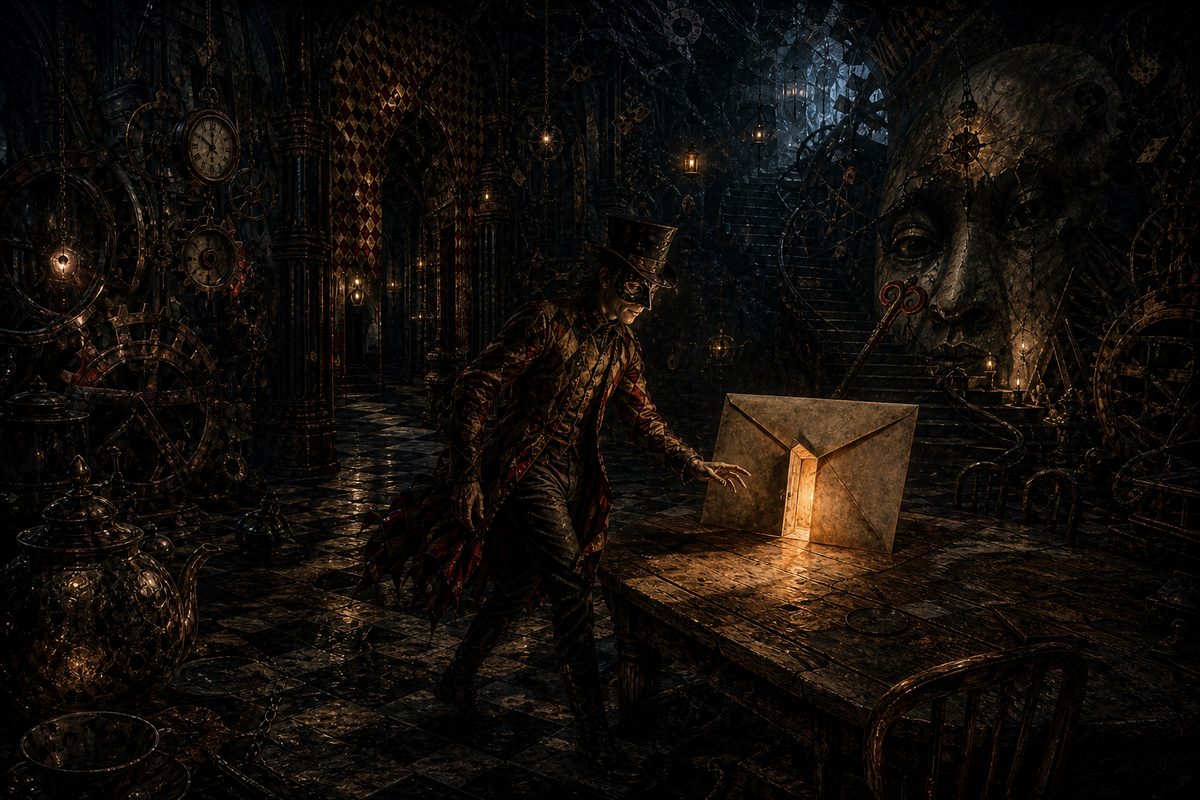 Harlequin diamonds in tea gold and crimson; a kitchen table in a dark architectural hall with a single sealed envelope on it, and the envelope's flap is a tiny glowing door standing ajar with warm light spilling out; a masked figure mid-step beside it, half in shadow and half in the light from the e