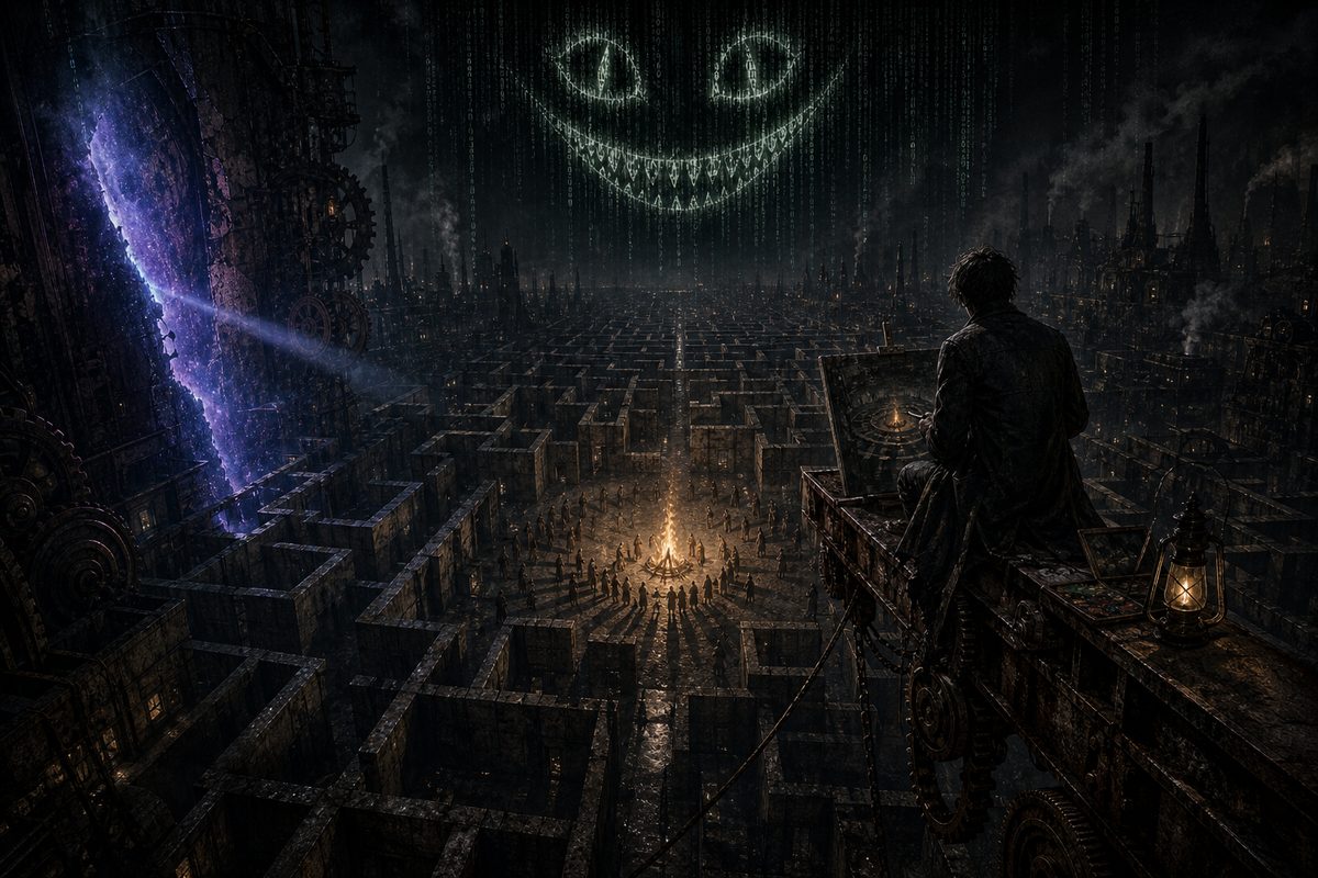 Seen from the beam high above, a vast maze at night with a small bonfire burning in its centre and a ring of tiny silhouettes crowding close to its heat, their shadows long across the walls; the grin of pale green falling code floats in the dark overhead; white light and a crack of blue-violet, no t