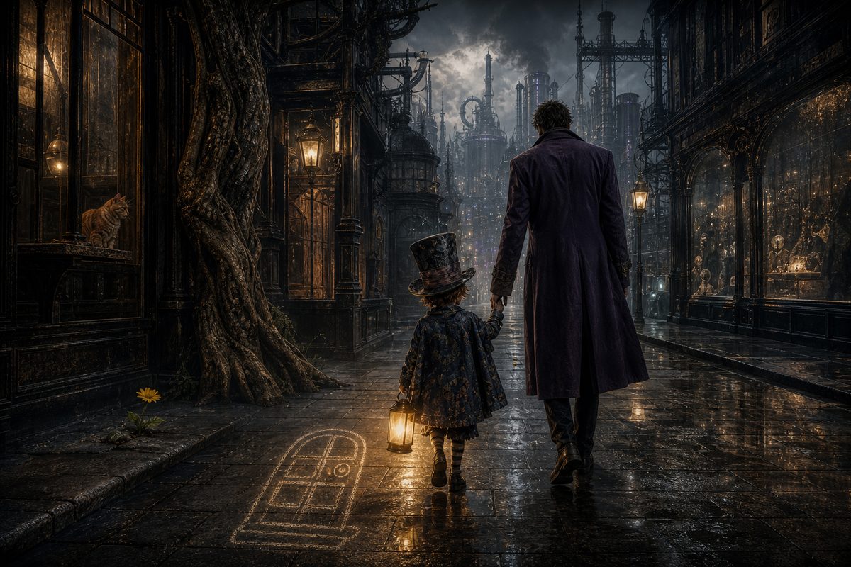 A small boy in an oversized top hat walking hand in hand with the Joker down a quiet city street in soft daylight, the boy carrying a small glowing lantern; around them small wonders: a yellow flower in a pavement crack, an orange cat in a window, a chalk door drawn on the ground, an old tree; the s