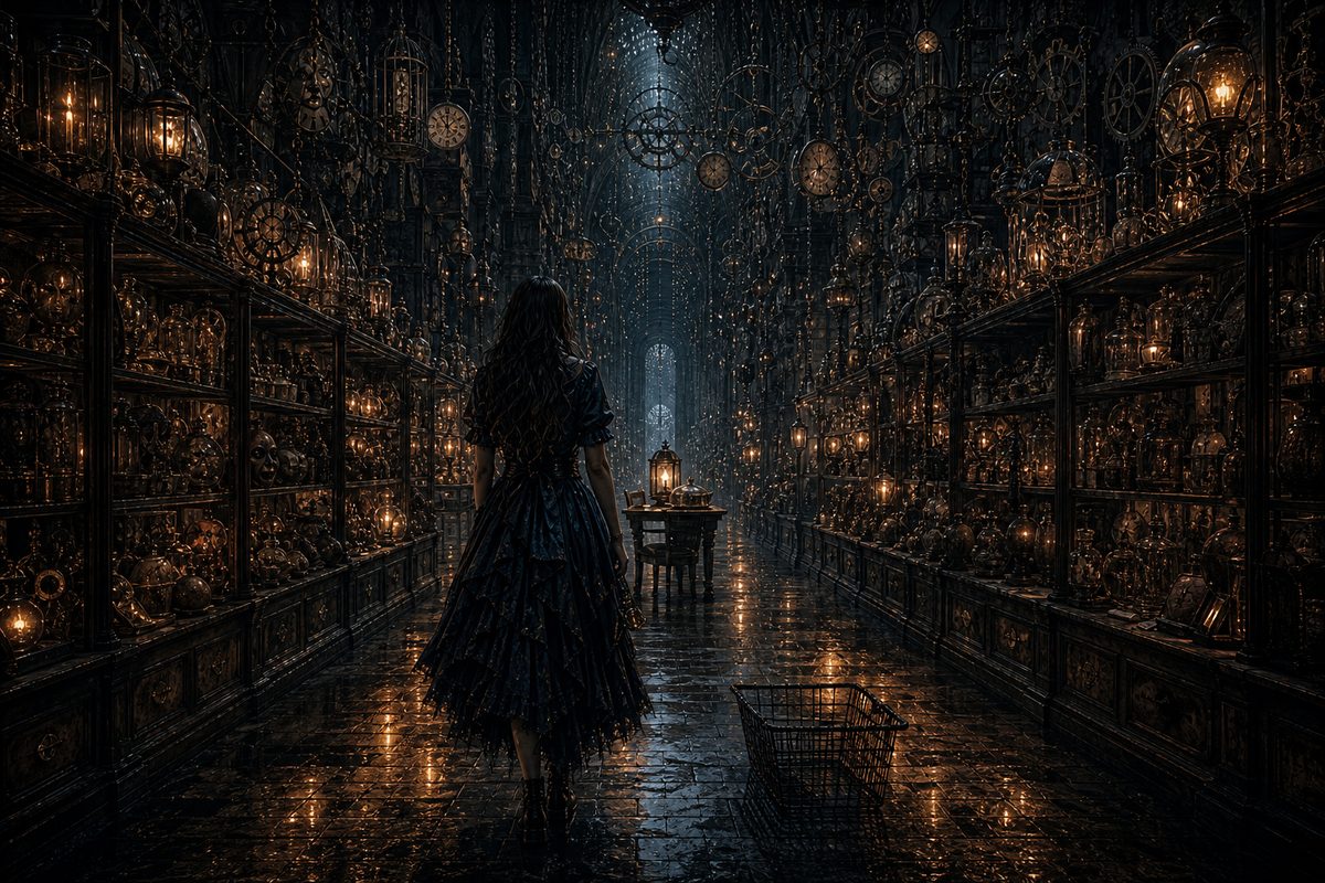 A grown woman in a dark blue dress seen from behind, standing at the end of a long glowing shop aisle that dissolves into an enormous dark corridor, an empty basket at her feet; ahead of her, past the shelves, a small table with a lantern and a covered dish someone has left for her; amber warmth ins