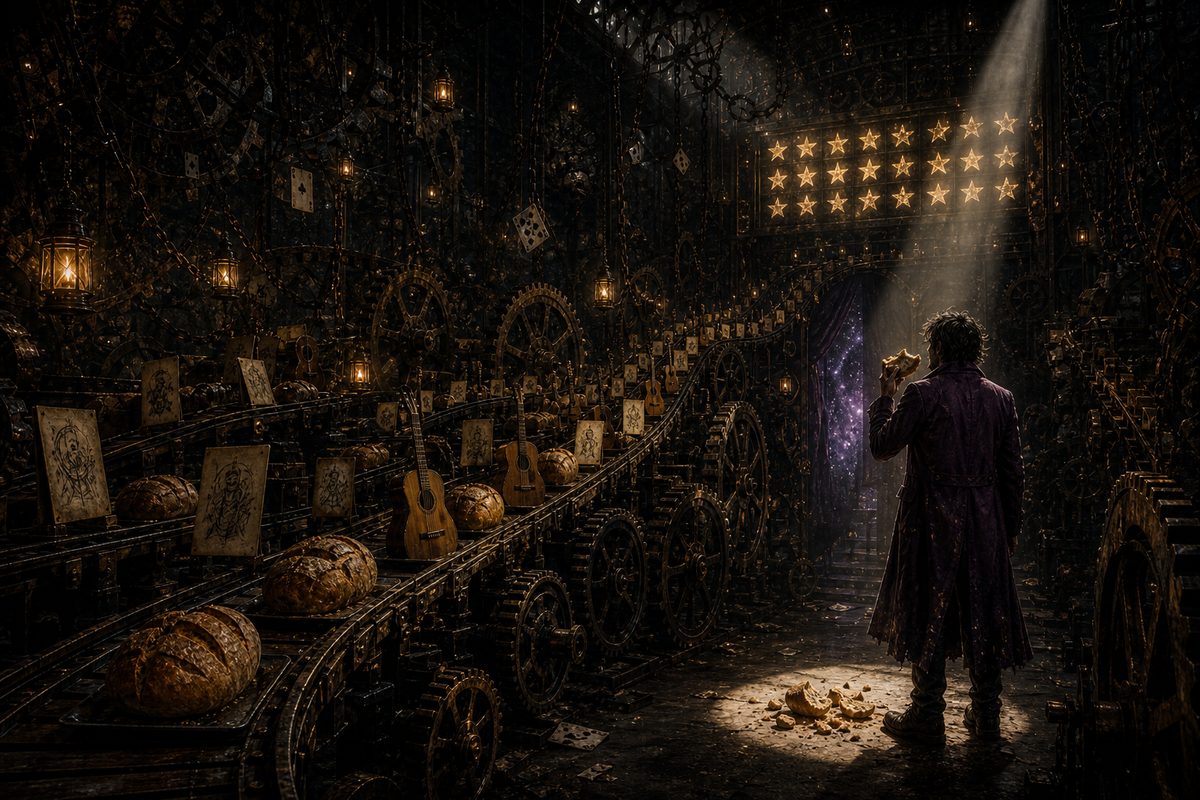 Amber and crimson rust; a vast assembly line where small loaves, drawings and guitars ride conveyor belts toward a glowing scoreboard of stars; beside the line a lone figure in a worn purple coat, original face seen from the side, has stepped off it and is happily eating a collapsed loaf by hand in 