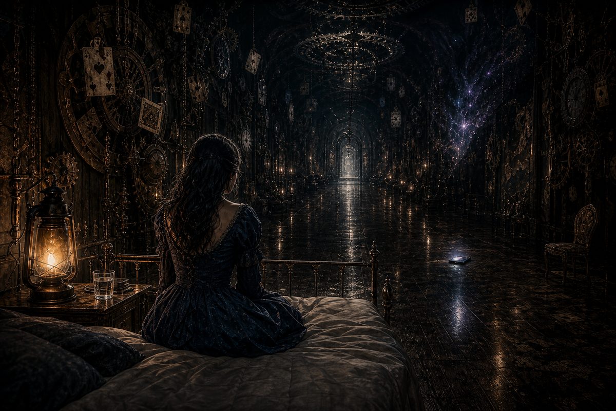 A grown woman in a dark blue dress, seen from behind, sitting on the edge of a bed at the end of an enormous dark corridor; across the room a phone lies face down, glowing faintly; on the nightstand beside her a single amber lantern and an untouched glass of water; midnight onyx shadows, tender and 