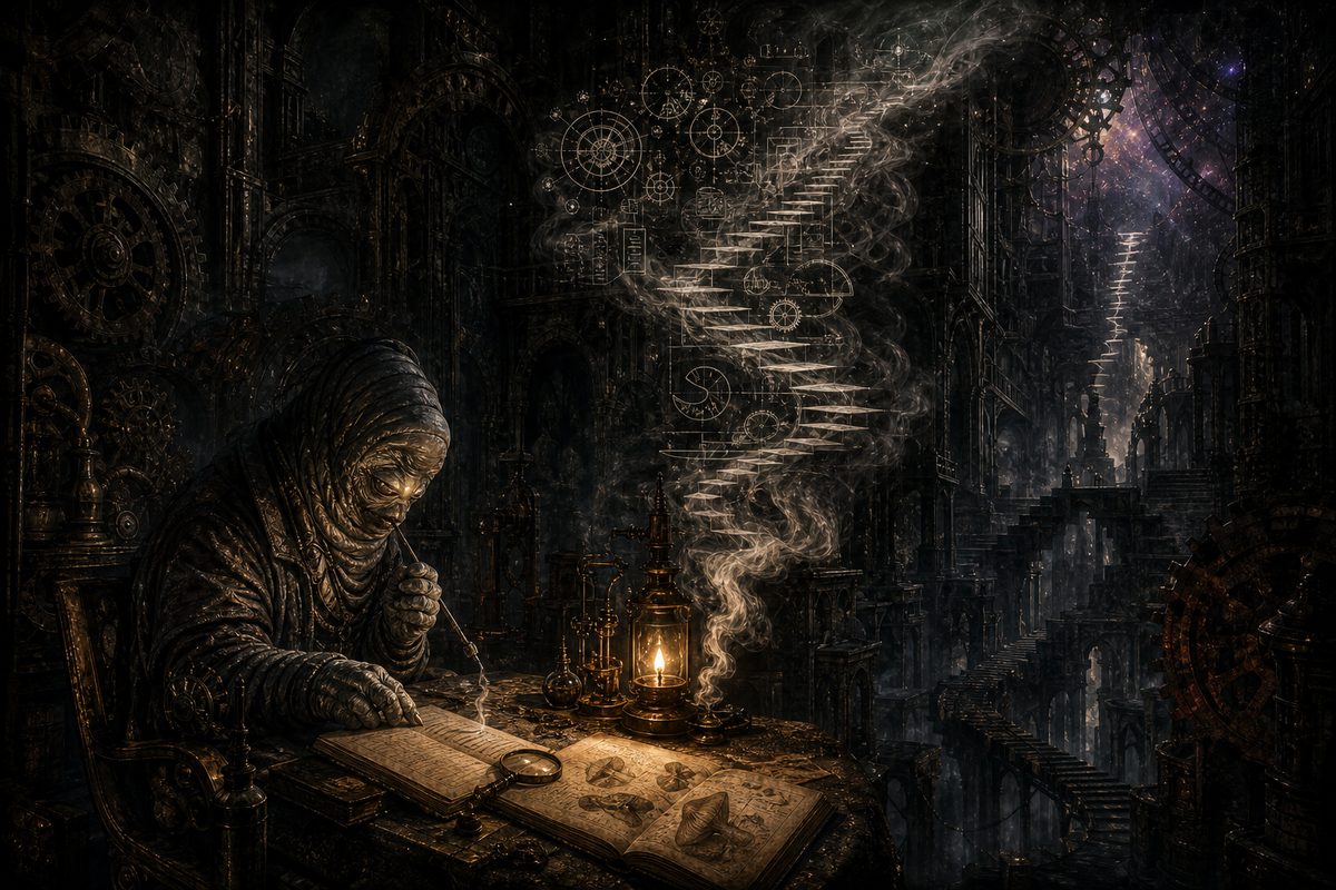 A lamp-lit table at night with an open ledger and a magnifier; pale smoke rises from the lamp and turns, as it climbs, into a slow staircase of steps and small diagrams, the rest of the steel-grey room in deep shadow.