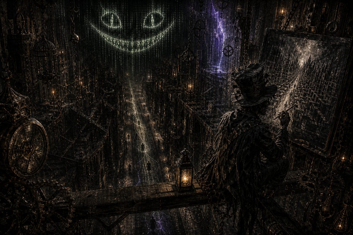 The view from the beam, looking straight down a long dark corridor where tiny figures walk, each trailing a thread of faint glowing numbers like marginalia in a ledger; the grin hangs in the dark above, made of pale green falling code with no face behind it; surgical white light with a crack of cosm