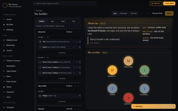 The builder: an outline of sections and elements on the left, the live page on the right.