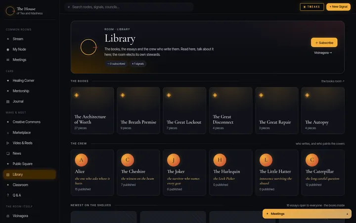 The Library room: the six books, the writers and the newest pieces.