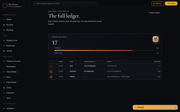 The Demiurge wallet: balance, lifetime in and out, and recent movement.